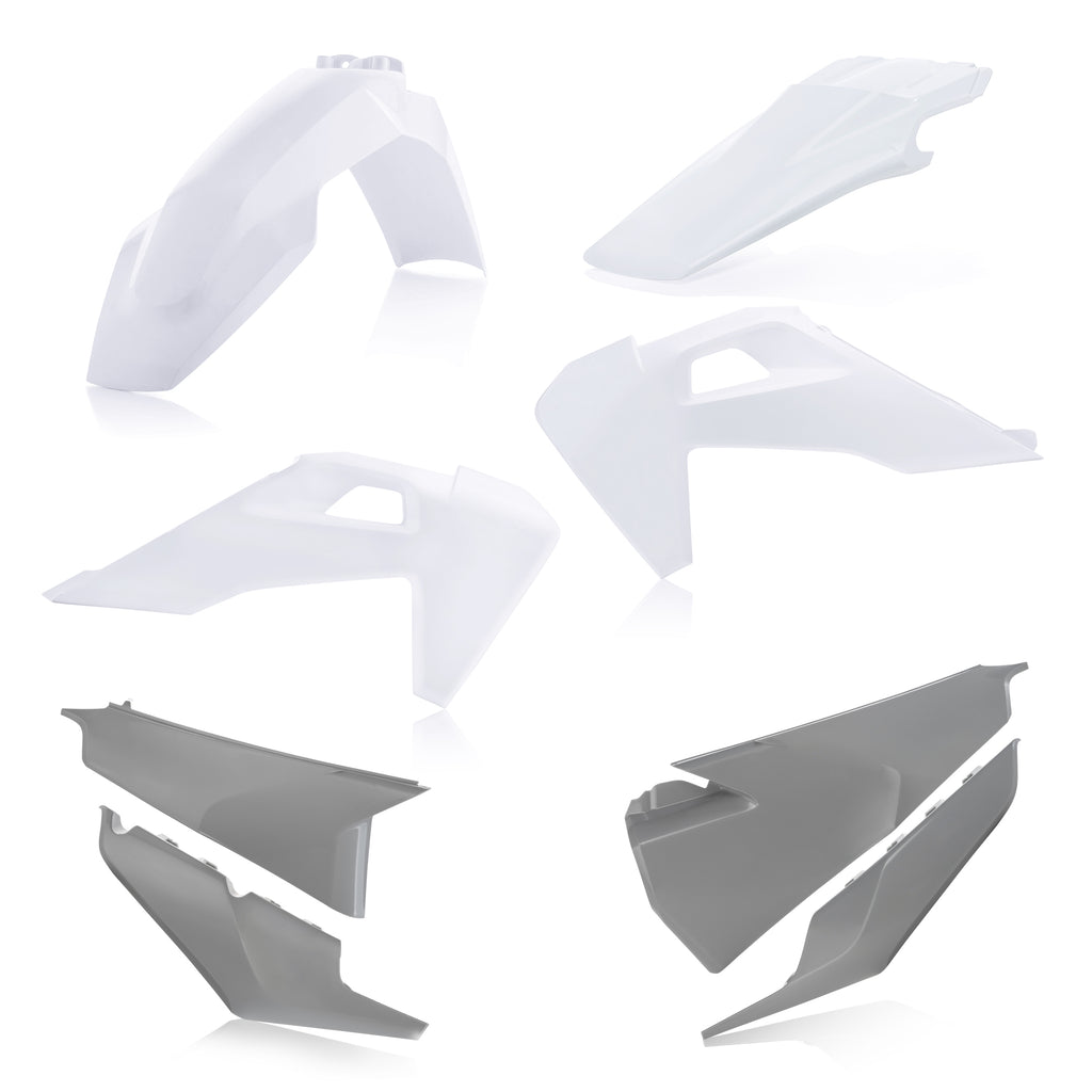 Acerbis plastic body kit for Hus motorcycle, showing assembled white and black plastic panels with mounting points.