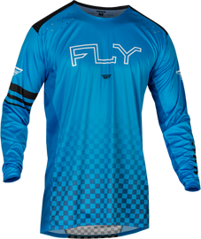 Fly Racing Youth Rayce bicycle jersey in blue, size youth small, designed for comfortable riding and vibrant cycling performance.