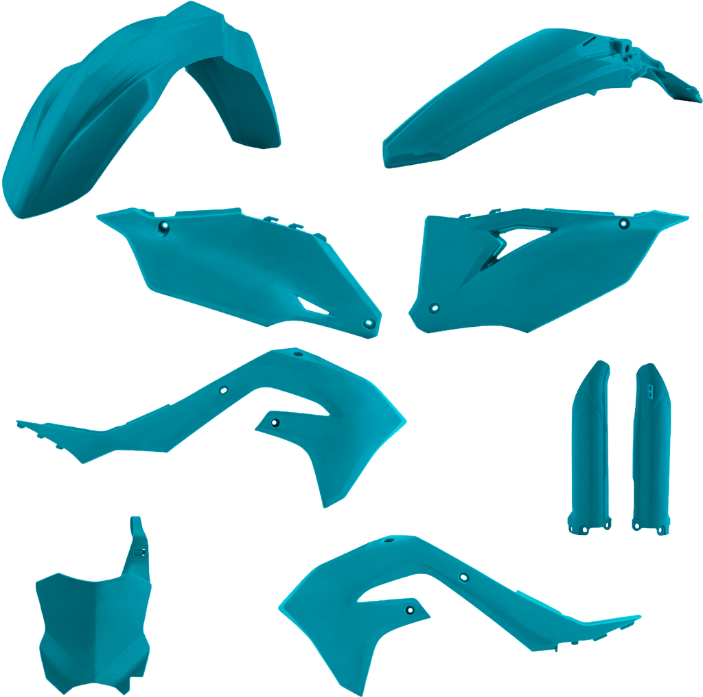 Acerbis teal metallic full plastic body kit for Kawasaki motorcycle, featuring sleek, durable plastic panels with metallic finish.