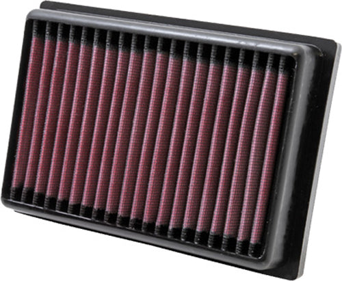 K&N Air Filter 709910 for improved engine airflow, showing the reusable, pleated cotton filter element with rubber frame.