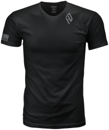 HardDrive Shield Tee black and white t-shirt featuring shield graphic, casual unisex design, size and fit details visible on the shirt