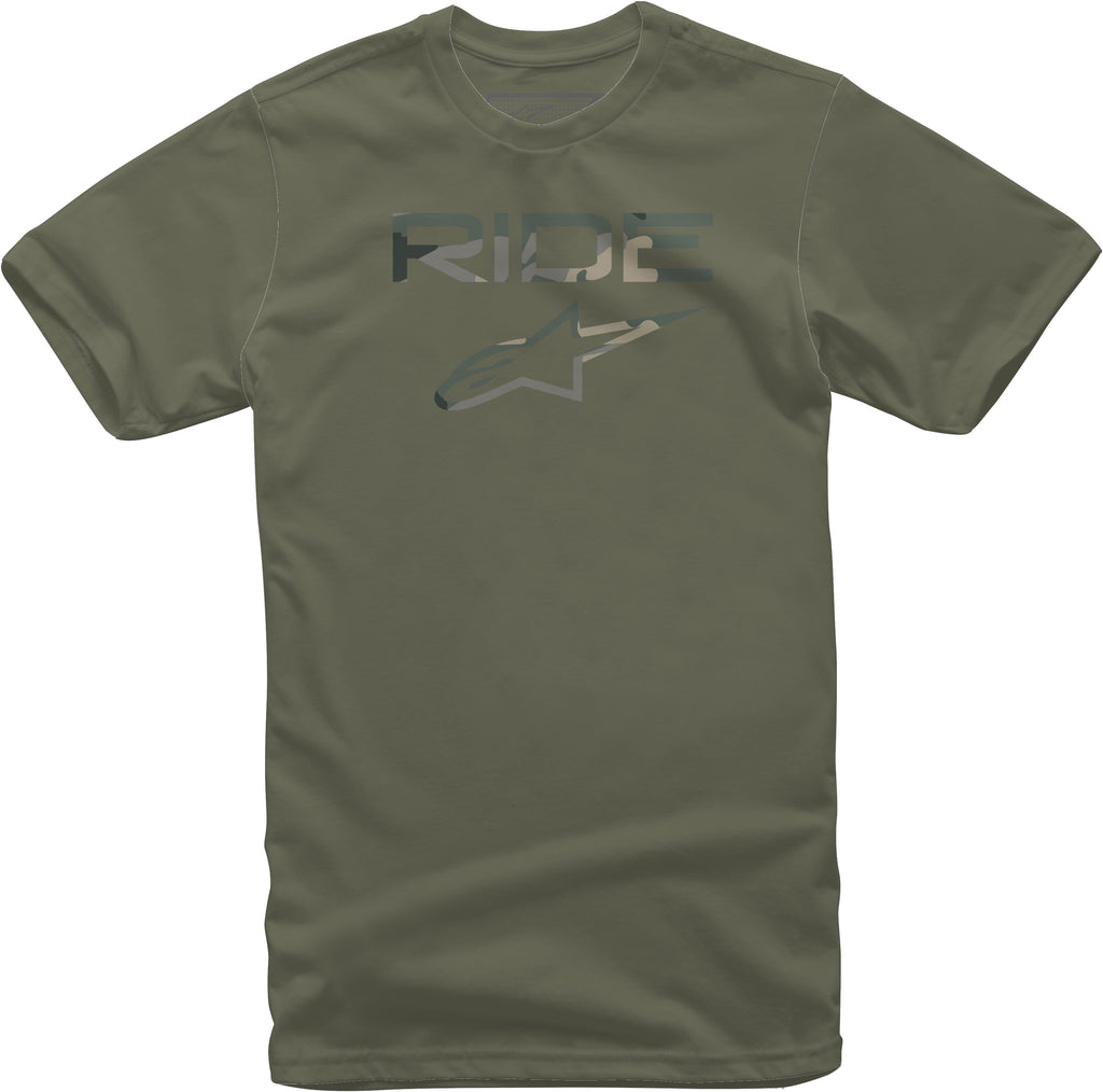 Alpine Star Ride 2.0 Camo Tee Military size medium, front view showcasing camouflage print and brand logo on the chest.
