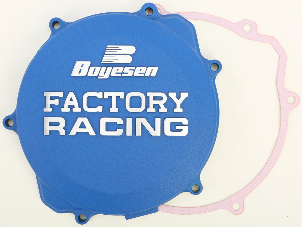Blue Boyesen Factory Racing clutch cover for Yamaha YZ250 motorcycle, designed for durability and performance.