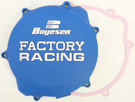 Blue Boyesen Factory Racing clutch cover for Yamaha YZ250 motorcycle, designed for durability and performance.