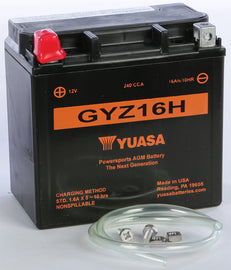 Yuasa GYZ16H sealed factory-activated battery showing terminals and compact design for automotive or industrial use.