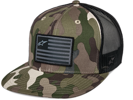 Alpine Star Flag Flat Trucker Hat in green camo and black with embroidered Alpine Star logo, casual outdoor accessory.