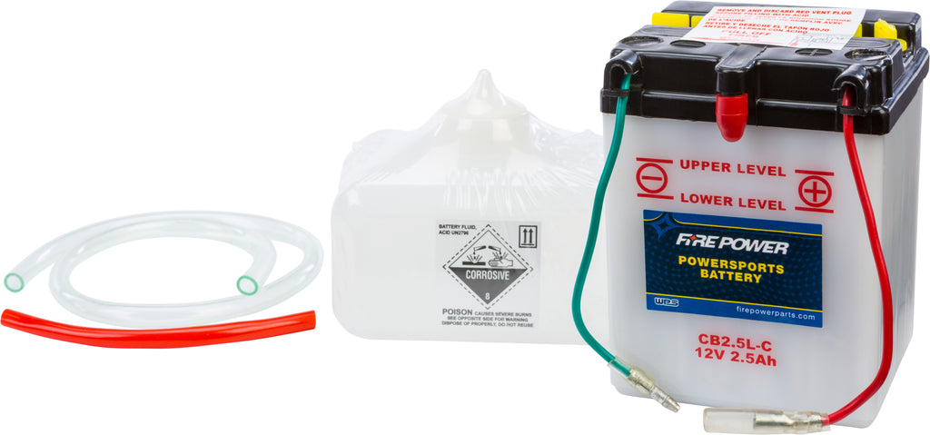 Fire Power 12V heavy duty battery with acid, model CB2.5L-C, designed for automotive or heavy-duty use, showing the battery exterior.