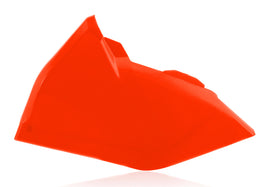 Acerbis fluorescent orange airbox cover for motorcycle, featuring the Acerbis logo and vent openings.