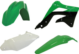 Green Acerbis plastic kit with various black and green plastic parts for motorcycle or ATV repair and customization.