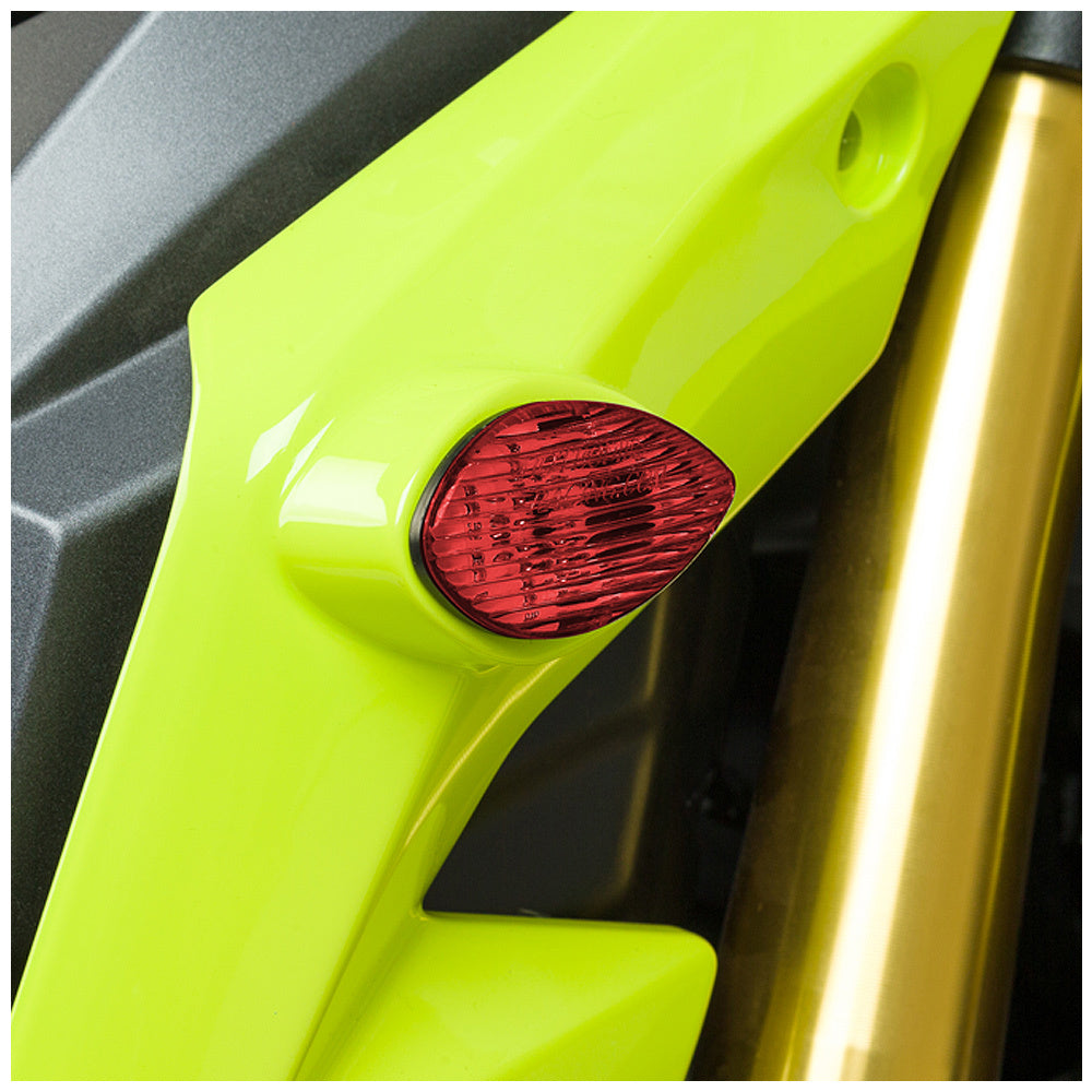 Hotbodies Racing flush mount signal with red lens, motorcycle signal light, close-up shot of the signal assembly with mounting details