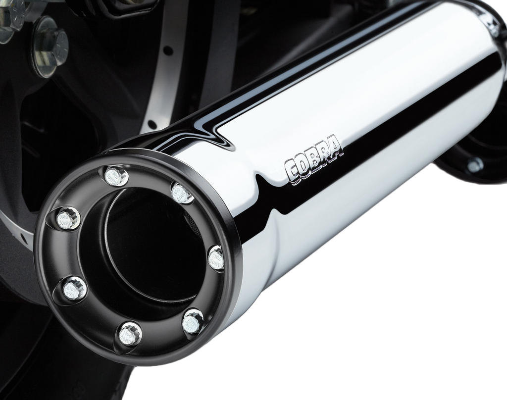Cobra 3-inch chrome slip-on exhaust for Harley FLH/FLT 1995-2016, with polished chrome finish and dual outlet design.
