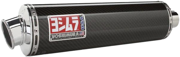 Yoshimura Street RS3 bolt-on carbon fiber dual exhaust for Suzuki motorcycle, showcasing sleek design and exhaust tips.