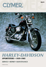 Charger l'image dans la galerie, Clymer Harley Sportsters repair manual open to engine diagrams, showing detailed illustrations and technical information.