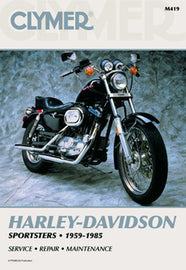 Clymer Harley Sportsters repair manual open to engine diagrams, showing detailed illustrations and technical information.
