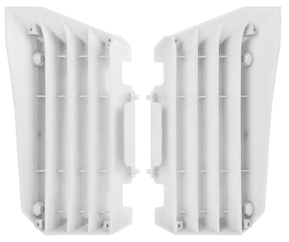 White Polisport Plastics radiator louvers for off-road vehicles, designed to fit Polaris models, with vented plastic construction.