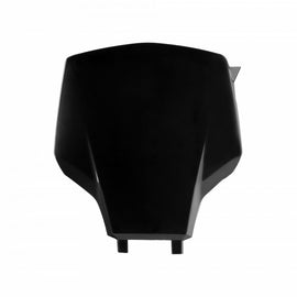 Black Polisport Plastics front number plate for off-road motorcycles with mounting holes, designed for durability and style.