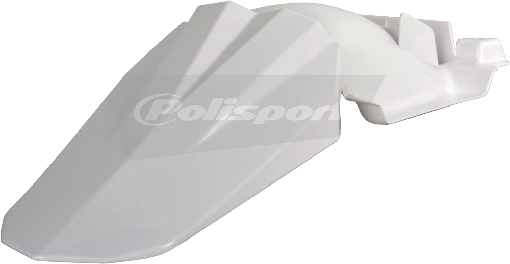Polisport Plastics white rear fender for motorcycles, showing its curved plastic design and mounting points.
