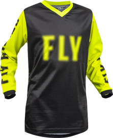 Fly Racing Youth F-16 Jersey in black and hi-vis colors, shown on a model with detailed fabric and vibrant design.