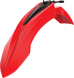 Red Polisport Plastics Beta front fender made of durable plastic, designed for off-road motorcycles, shown in the image.