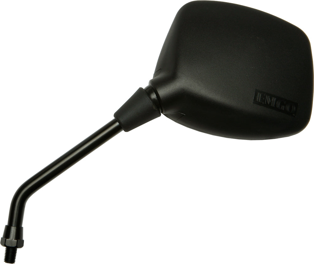 Emgo black left motorcycle mirror for Kawasaki models, showing the round mirror with mounting arm and reflective surface.