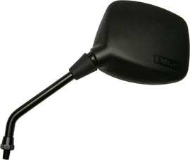 Emgo black left motorcycle mirror for Kawasaki models, showing the round mirror with mounting arm and reflective surface.