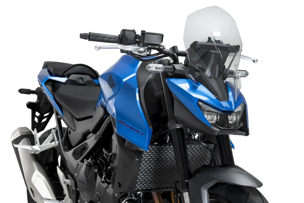 Clear PUIG Windscreen Naked New Gen Tour for motorcycle, shown installed on bike with transparent windshield and mounting hardware.