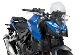 Clear PUIG Windscreen Naked New Gen Tour for motorcycle, shown installed on bike with transparent windshield and mounting hardware.
