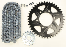 VORTEX sprocket and chain kit with 16/42t black aluminum and steel components, designed for 520 motorcycle chains.