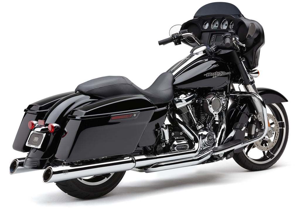 Chrome Cobra 909 uppercut slip-on exhaust for Harley FLH/Flt 95-16 motorcycles, showing polished chrome finish and dual exhaust tips.
