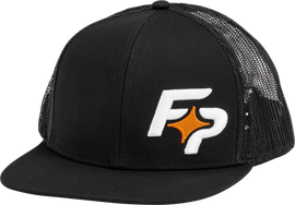 Black Fire Power flat bill FP hat with curved brim and embroidered logo, showcasing a stylish and casual headwear accessory.
