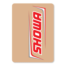 DCOR Showa upper fork decals in red and white with bold branding, designed for motorcycle forks.
