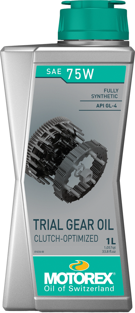 Motorex Trial Gear Oil 75W bottle, 1-liter container, suitable for motorcycle gearboxes, with product label visible.