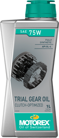 Motorex Trial Gear Oil 75W bottle, 1-liter container, suitable for motorcycle gearboxes, with product label visible.