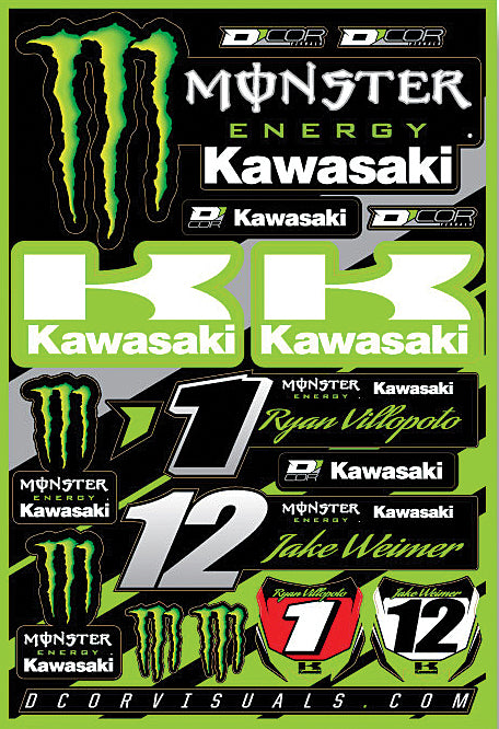DCOR Team Monster Energy Kawasaki decal sheet featuring 12x18 inch graphics for motocross bikes and gear.