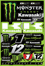Load image into Gallery viewer, DCOR Team Monster Energy Kawasaki decal sheet featuring 12x18 inch graphics for motocross bikes and gear.