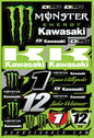 DCOR Team Monster Energy Kawasaki decal sheet featuring 12x18 inch graphics for motocross bikes and gear.