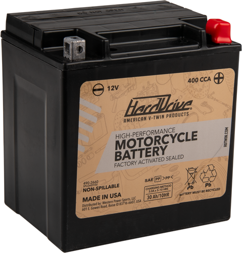 Harddrive High Performance Yix30L CCA 400 car battery with sturdy casing and terminal connections for reliable starting.
