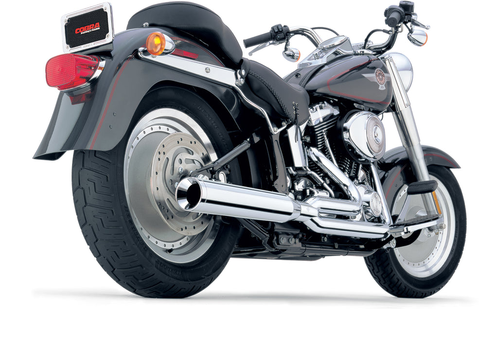 Cobra Power Pro Hp 2-1 Chrome Exhaust for Softail 2007-2011, with polished chrome finish and sleek dual pipes.