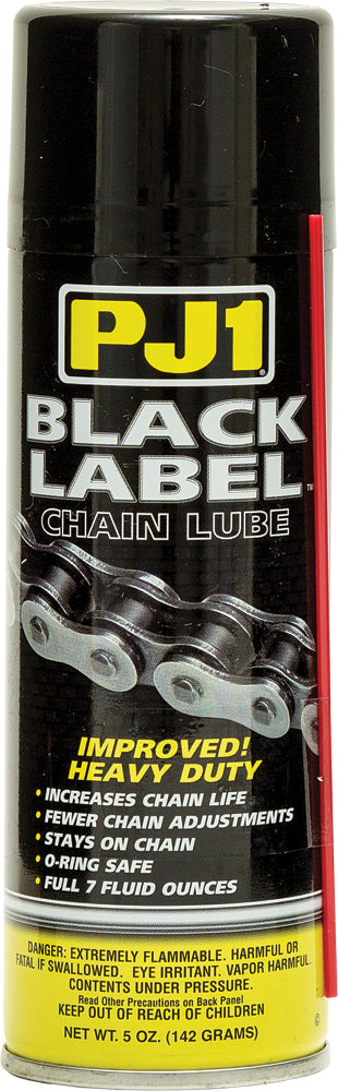 PJ1 Products Black Label Chain Lube in 5oz bottle, designed for motorcycle chains, shown in a close-up image.