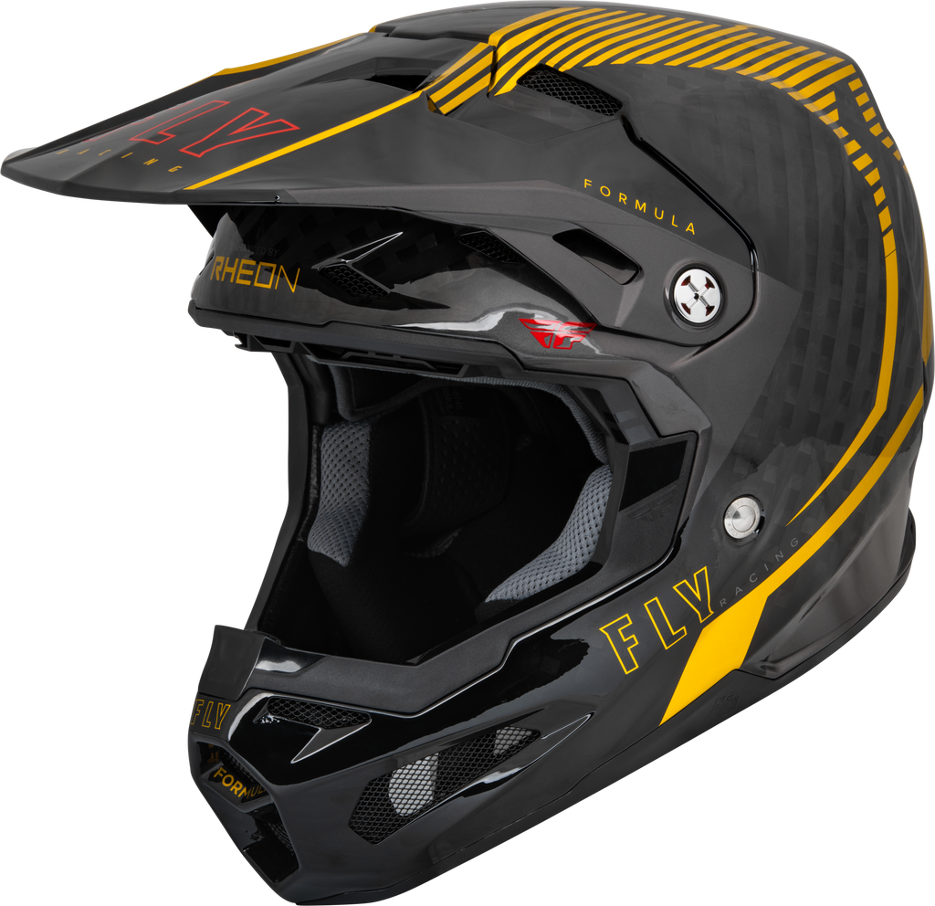 Fly Racing Formula Carbon Tracer helmet in gold and black with sleek design and ventilation features.