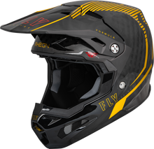 Load image into Gallery viewer, Fly Racing Formula Carbon Tracer helmet in gold and black with sleek design and ventilation features.