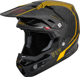 Fly Racing Formula Carbon Tracer helmet in gold and black, XL size, featuring sleek design and aerodynamic vents.