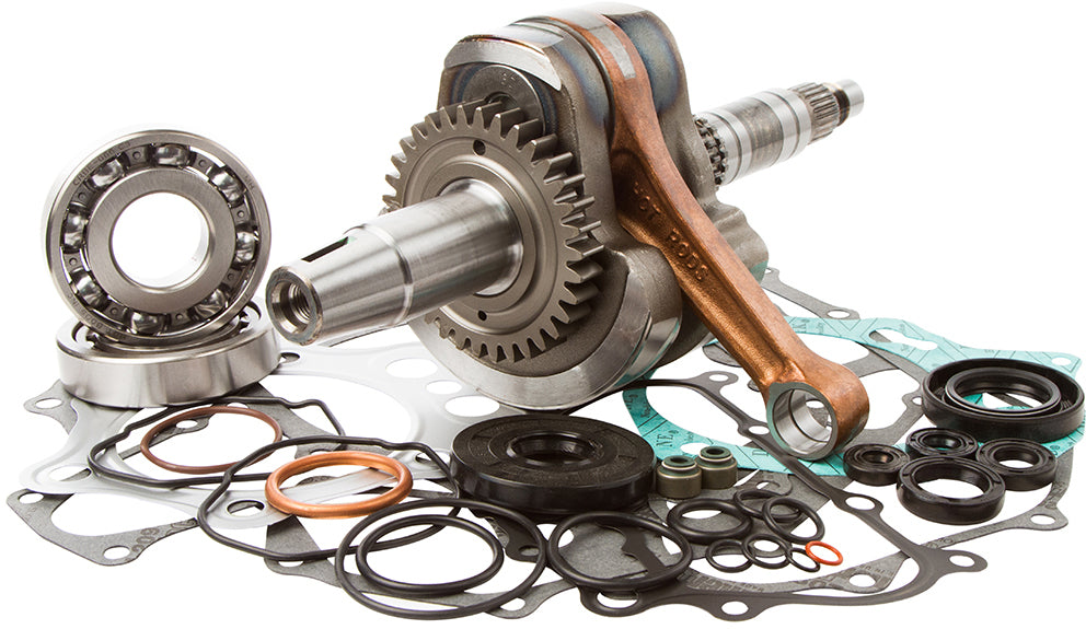 Hot Rods Bottom End Kit for engine assembly, featuring pistons, crankshaft, and connecting rods, assembled in a clean workspace.