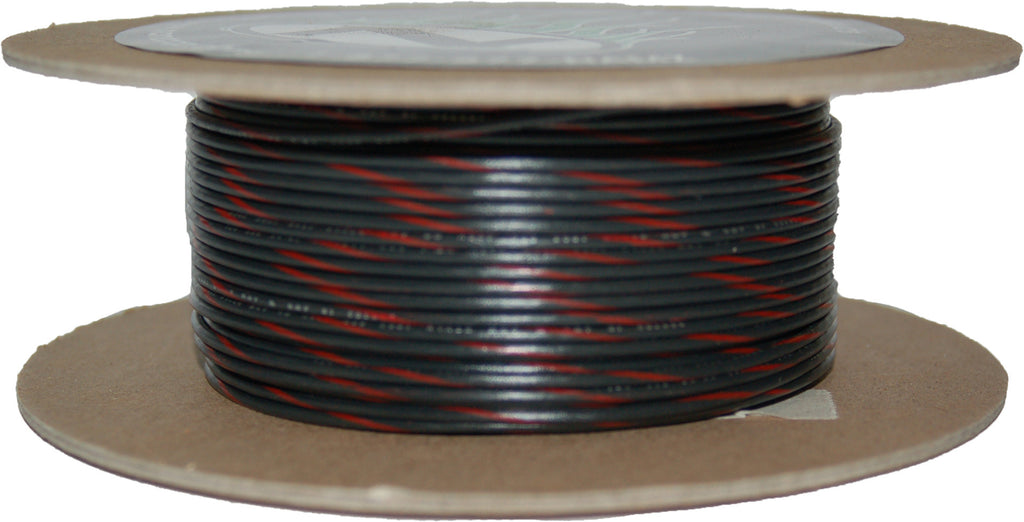 Black and red striped 100-foot spool of NAMZ Custom Cycle 18 gauge primary electrical wire, showing the coiled wire on a spool.