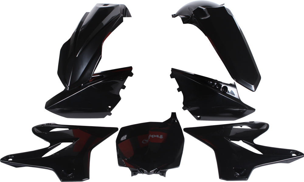 Black Polisport Plastics body kit with various plastic panels for motorcycle or dirt bike, shown in a detailed close-up image.