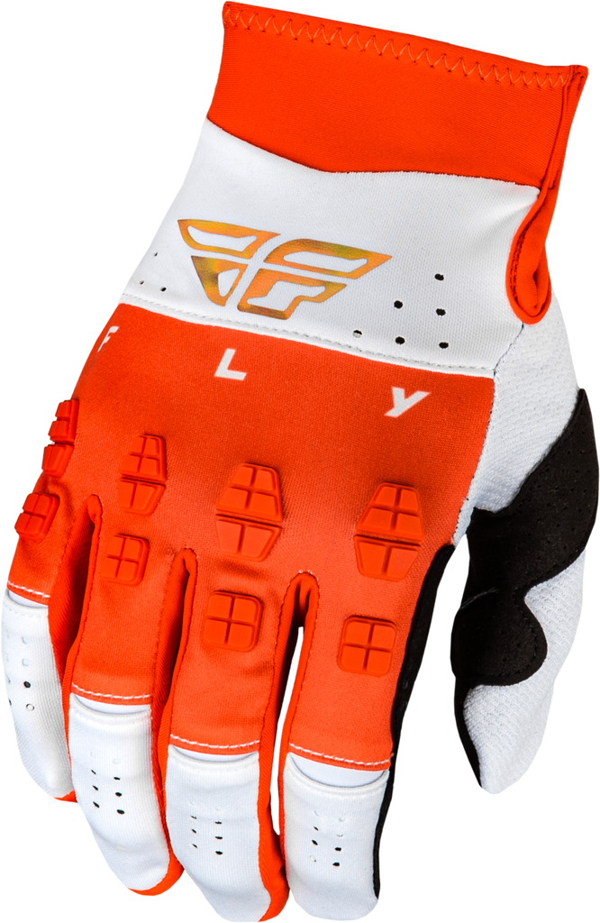 Fly Racing Youth Evolution Dst Le Podium Gloves in red, white, and red iridium colors, showcasing the padded palm and adjustable wrist strap.
