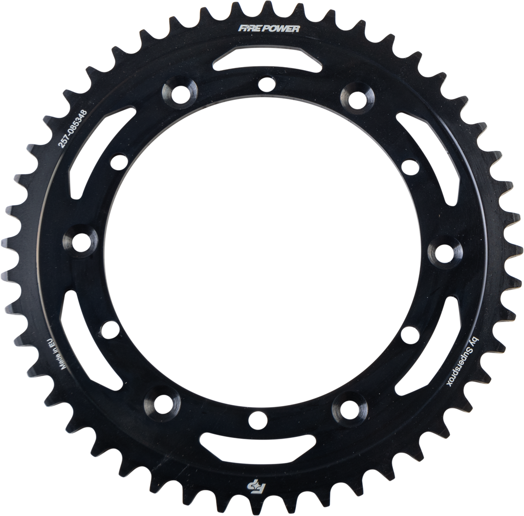 Fire Power steel rear sprocket 48T off-road bike part, black finish, durable off-road motorcycle chain sprocket with teeth.