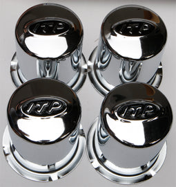 Set of four ITP Steel 4/110 Chrome Wheel Hub Caps, durable wheel components with a polished chrome finish.