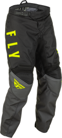Fly Racing Youth F-16 motocross pants in grey, black, and hi-vis with size 26, featuring durable fabric and secure fit.