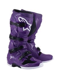 Alpine Star Tech 7 motorcycle boots in purple, size 8, with sturdy design and protective features for motocross riding.
